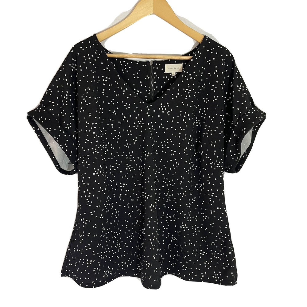 Melloday Top Womens Plus 1X Black White Short Sleeve Geometric